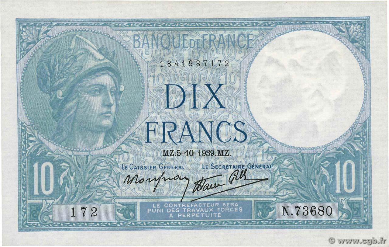 10 Francs MINERVE modifié FRANCIA  1939 F.07.10 FDC