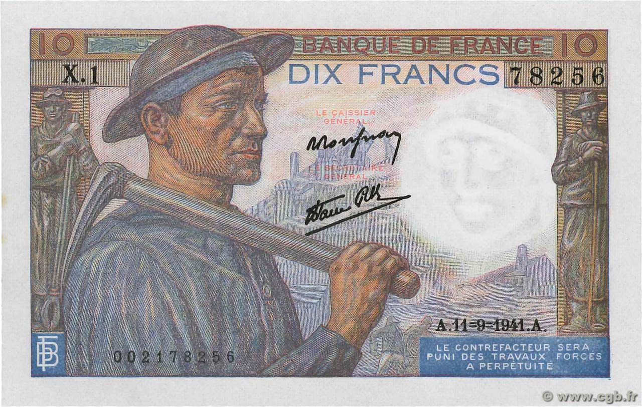 10 Francs MINEUR FRANCIA  1941 F.08.01 FDC