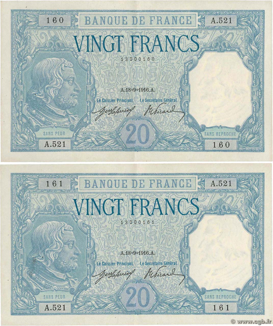 20 Francs BAYARD Consécutifs FRANKREICH  1916 F.11.01 VZ+