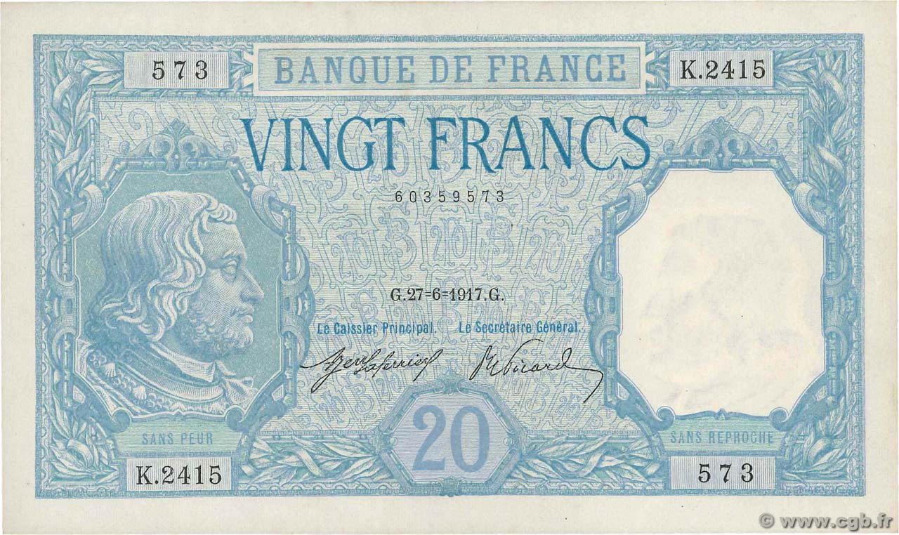 20 Francs BAYARD FRANKREICH  1917 F.11.02 fST