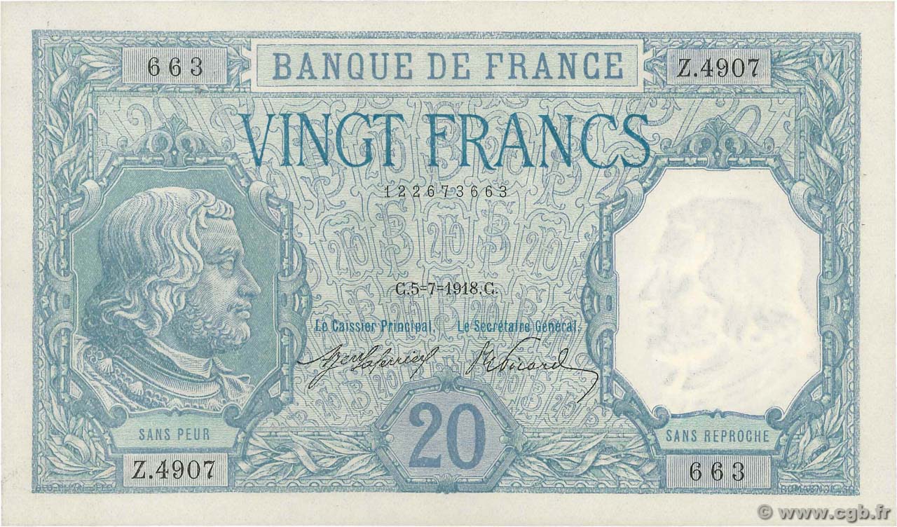 20 Francs BAYARD FRANKREICH  1918 F.11.03 fST+