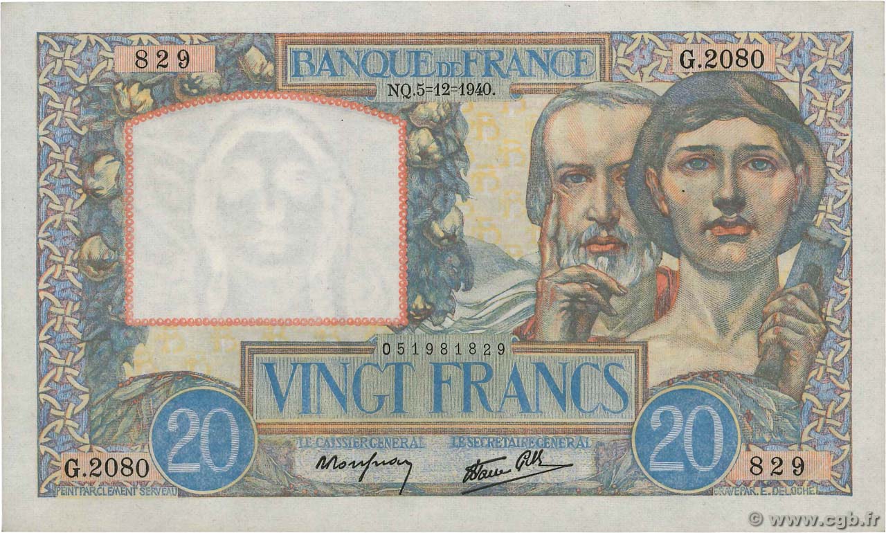 20 Francs TRAVAIL ET SCIENCE FRANCE  1940 F.12.10 pr.NEUF