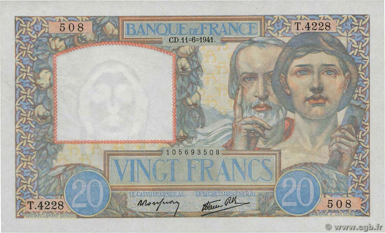 20 Francs TRAVAIL ET SCIENCE FRANCE  1941 F.12.15 pr.NEUF