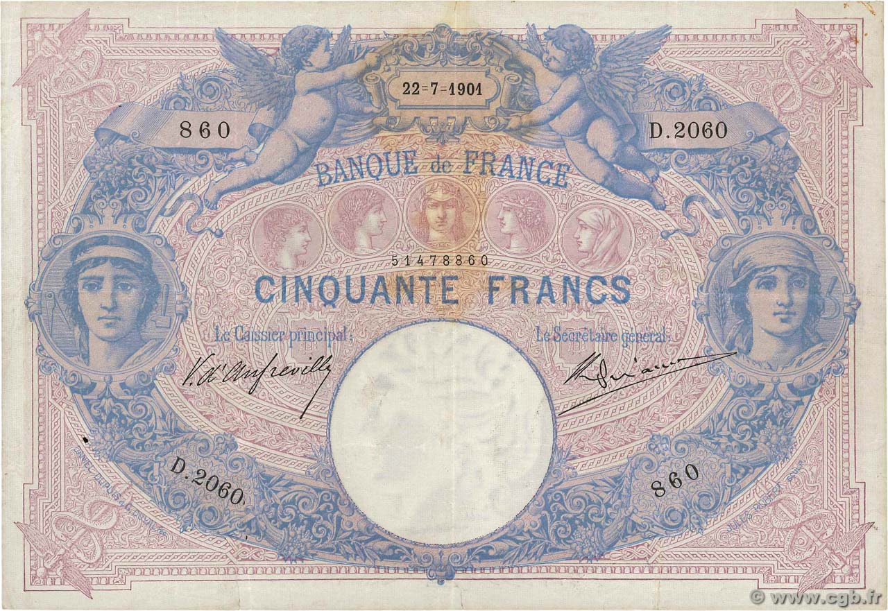 50 Francs BLEU ET ROSE FRANKREICH  1901 F.14.13 S