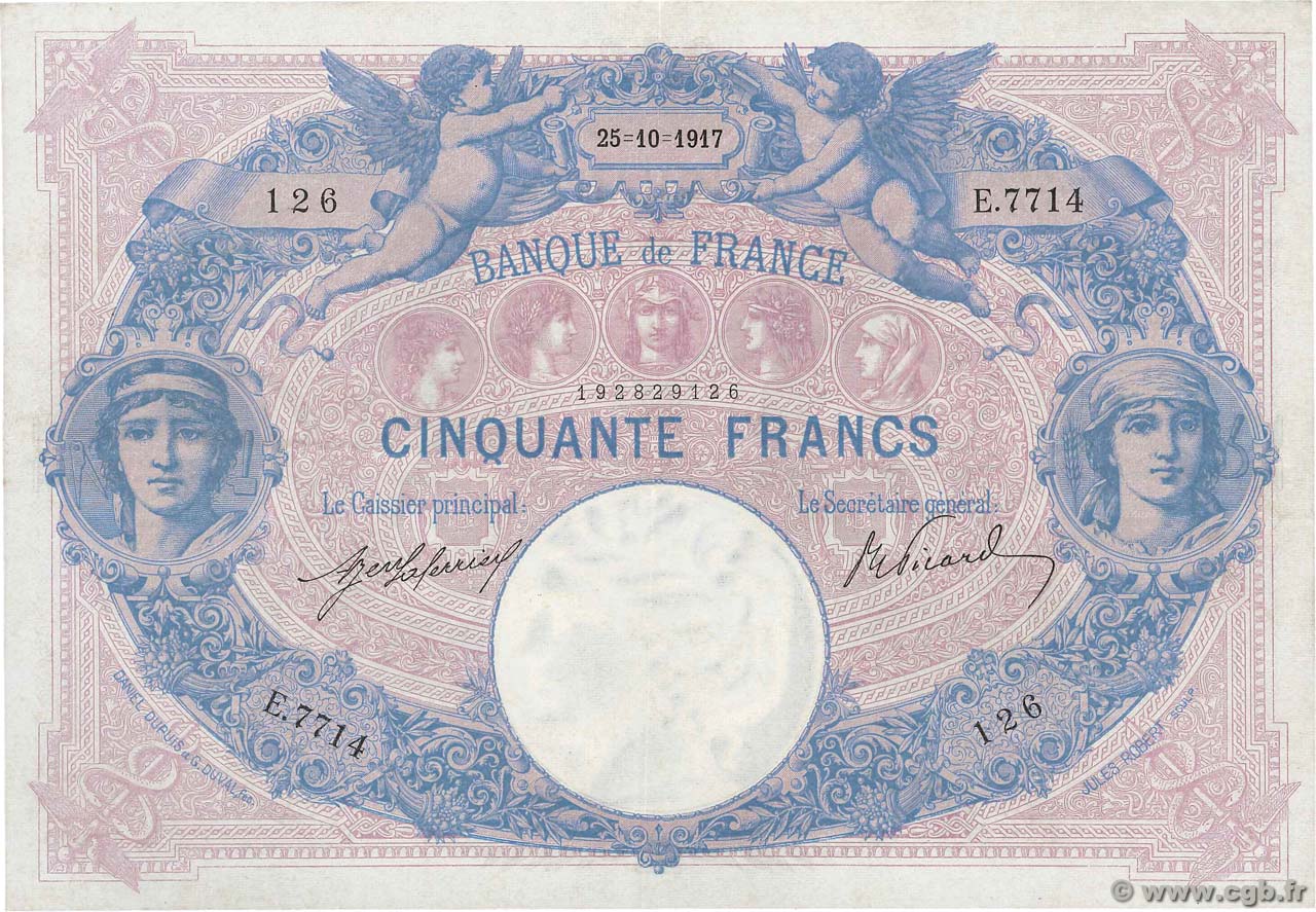 50 Francs BLEU ET ROSE FRANCE  1917 F.14.30 XF