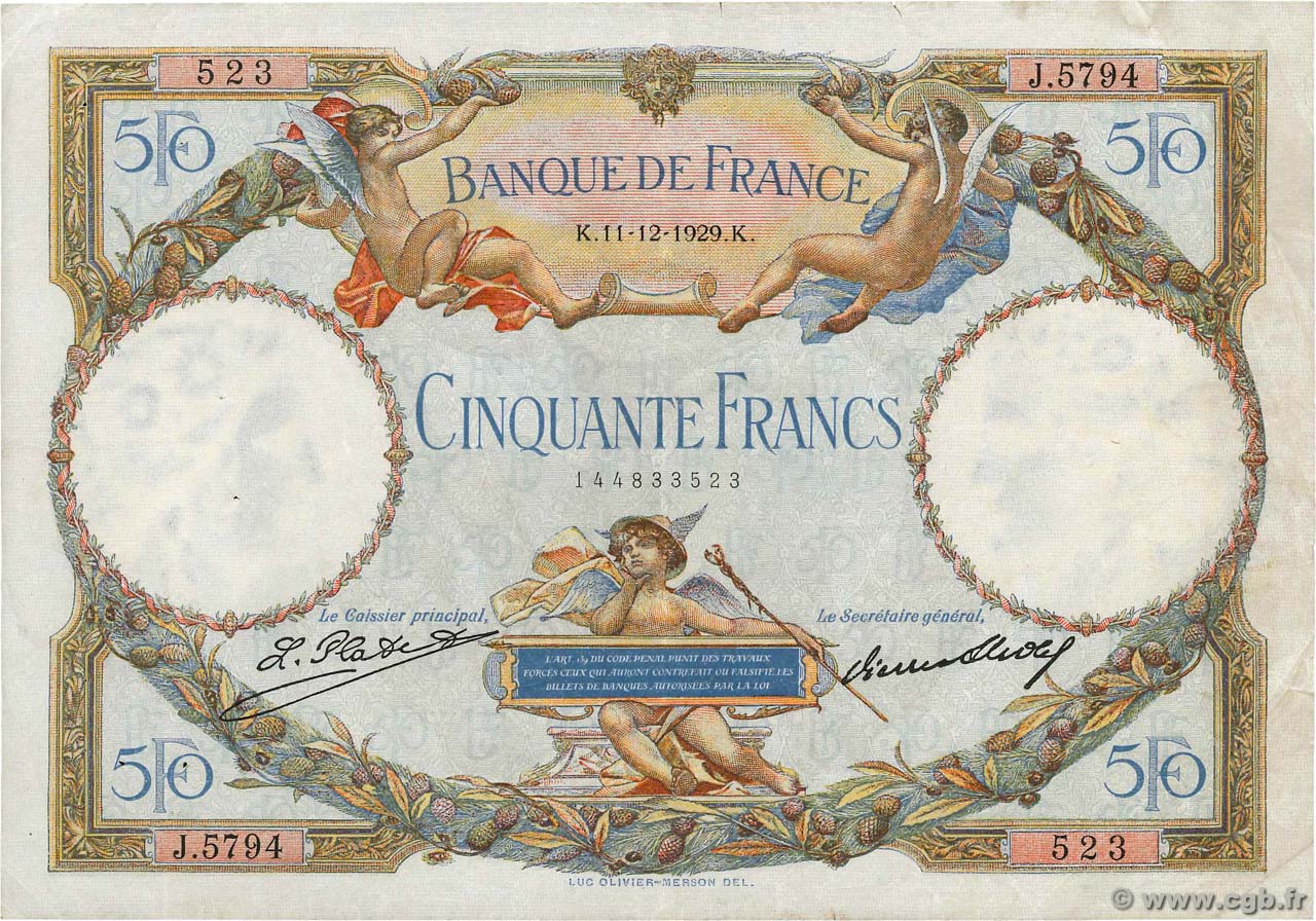 50 Francs LUC OLIVIER MERSON FRANKREICH  1929 F.15.03 SS
