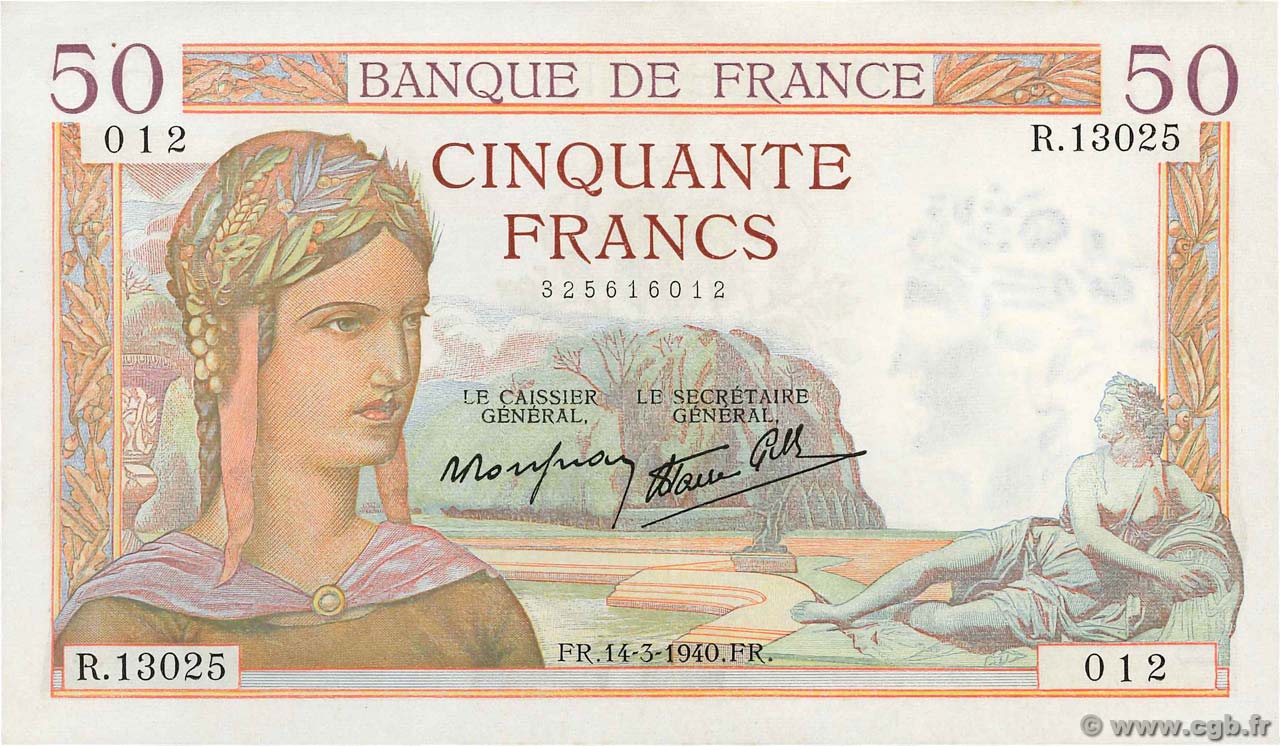 50 Francs CÉRÈS modifié FRANKREICH  1940 F.18.41 fST