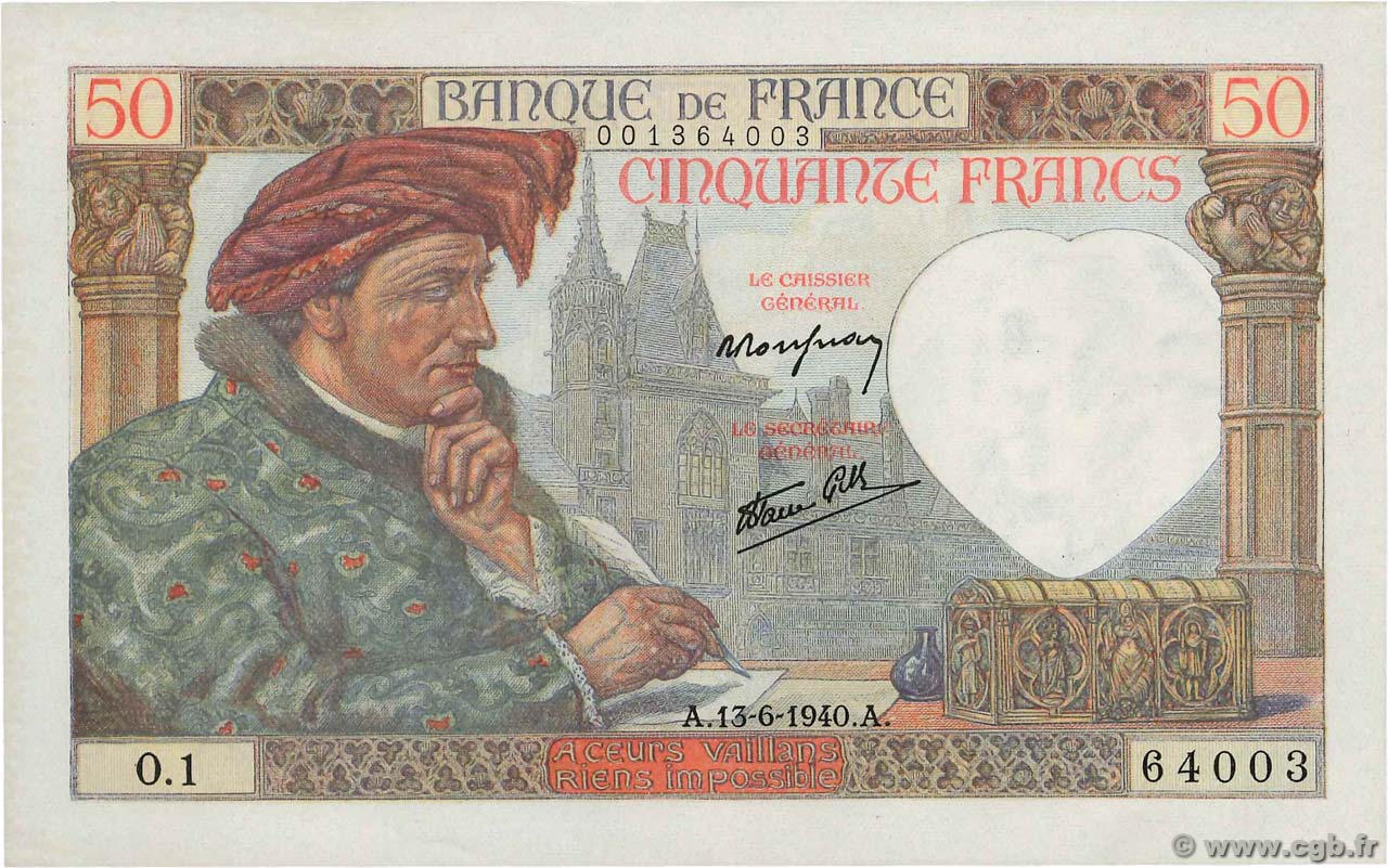 50 Francs JACQUES CŒUR FRANCIA  1940 F.19.01 SC+