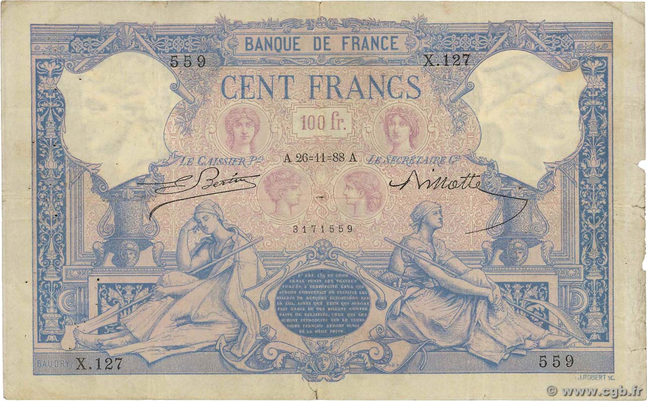 100 Francs BLEU ET ROSE FRANCE  1888 F.21.01 pr.TB