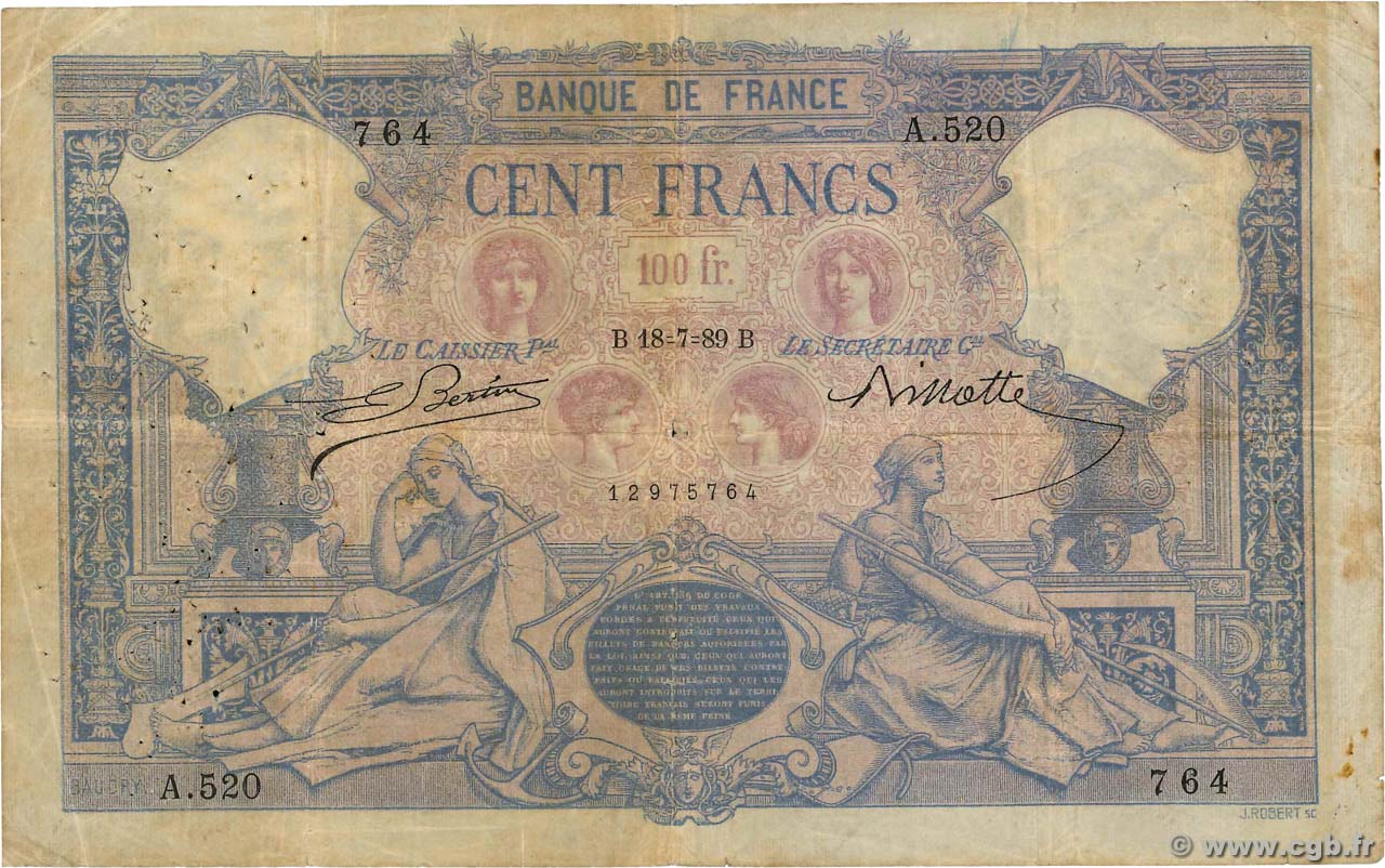 100 Francs BLEU ET ROSE FRANCE  1889 F.21.02a B+