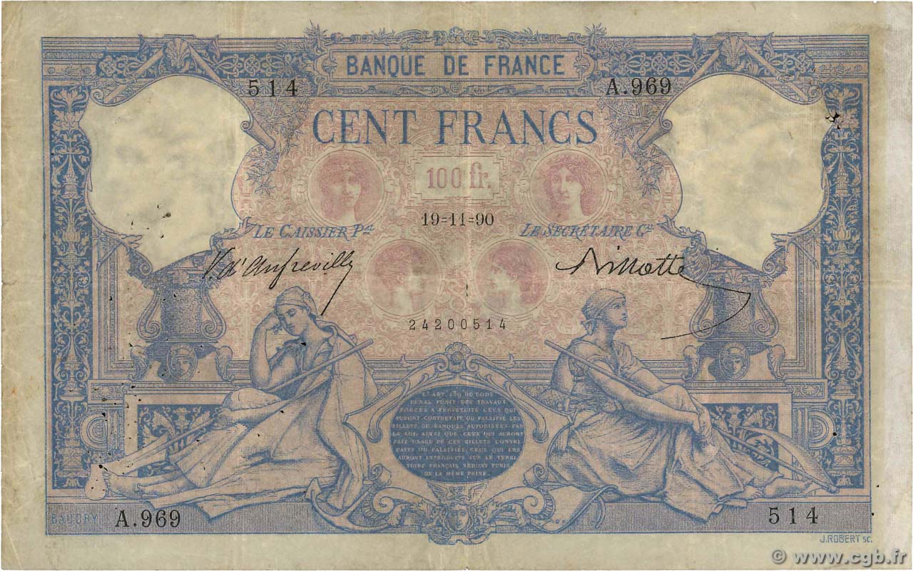 100 Francs BLEU ET ROSE FRANCE  1890 F.21.03 B+