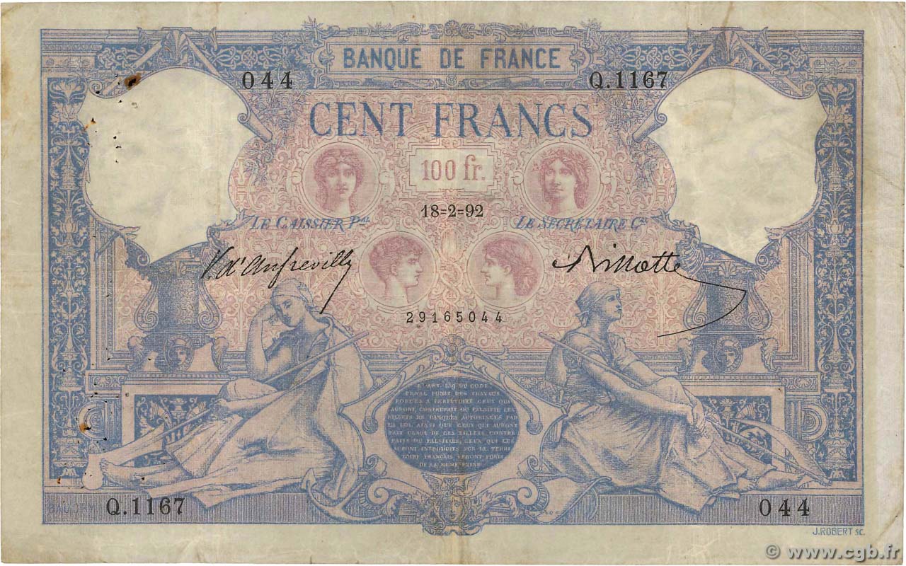 100 Francs BLEU ET ROSE FRANCE  1892 F.21.05 F-