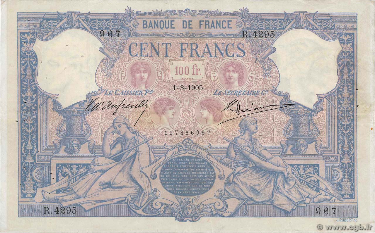100 Francs BLEU ET ROSE FRANCIA  1905 F.21.19 MBC