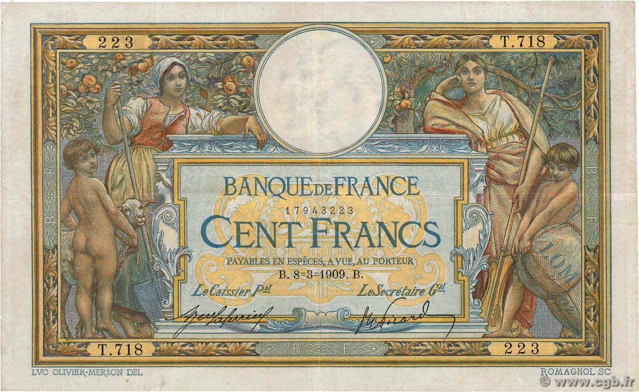 100 Francs LUC OLIVIER MERSON avec LOM FRANCE  1909 F.22.02 F+
