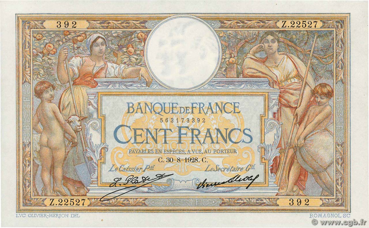 100 Francs LUC OLIVIER MERSON grands cartouches FRANCE  1928 F.24.07 AU