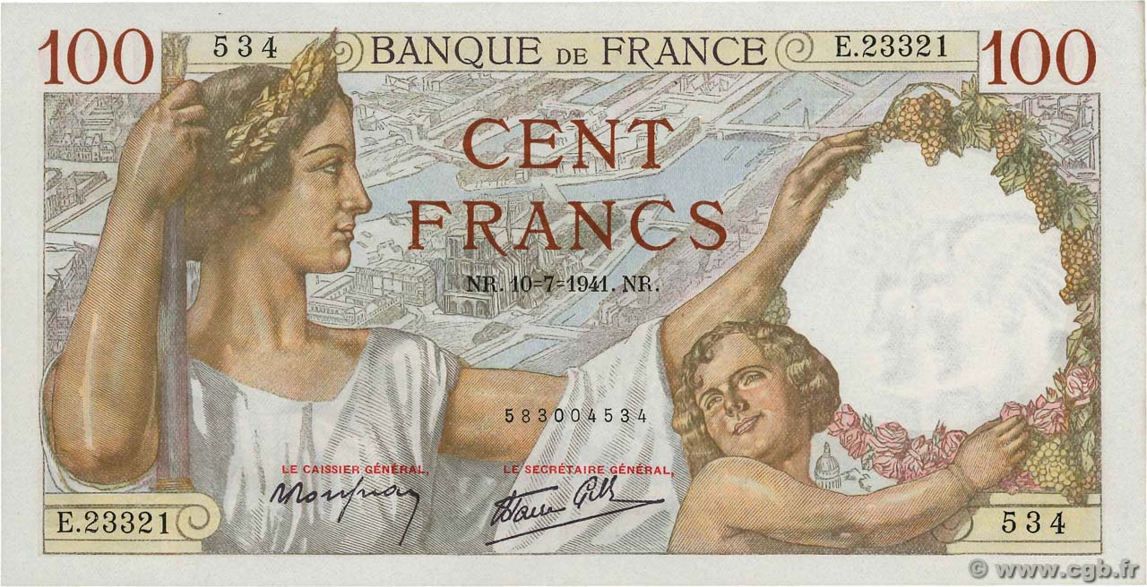 100 Francs SULLY FRANCE  1941 F.26.55 pr.NEUF