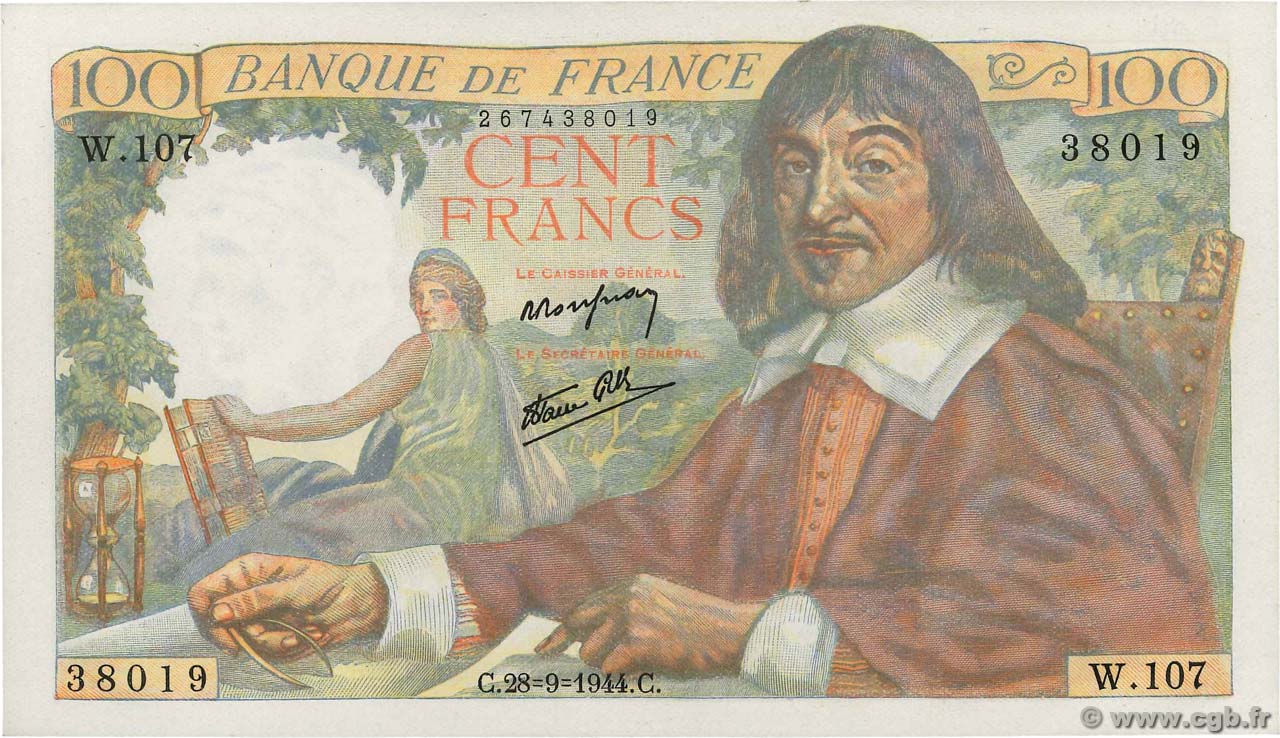 100 Francs DESCARTES FRANCE  1944 F.27.07 NEUF