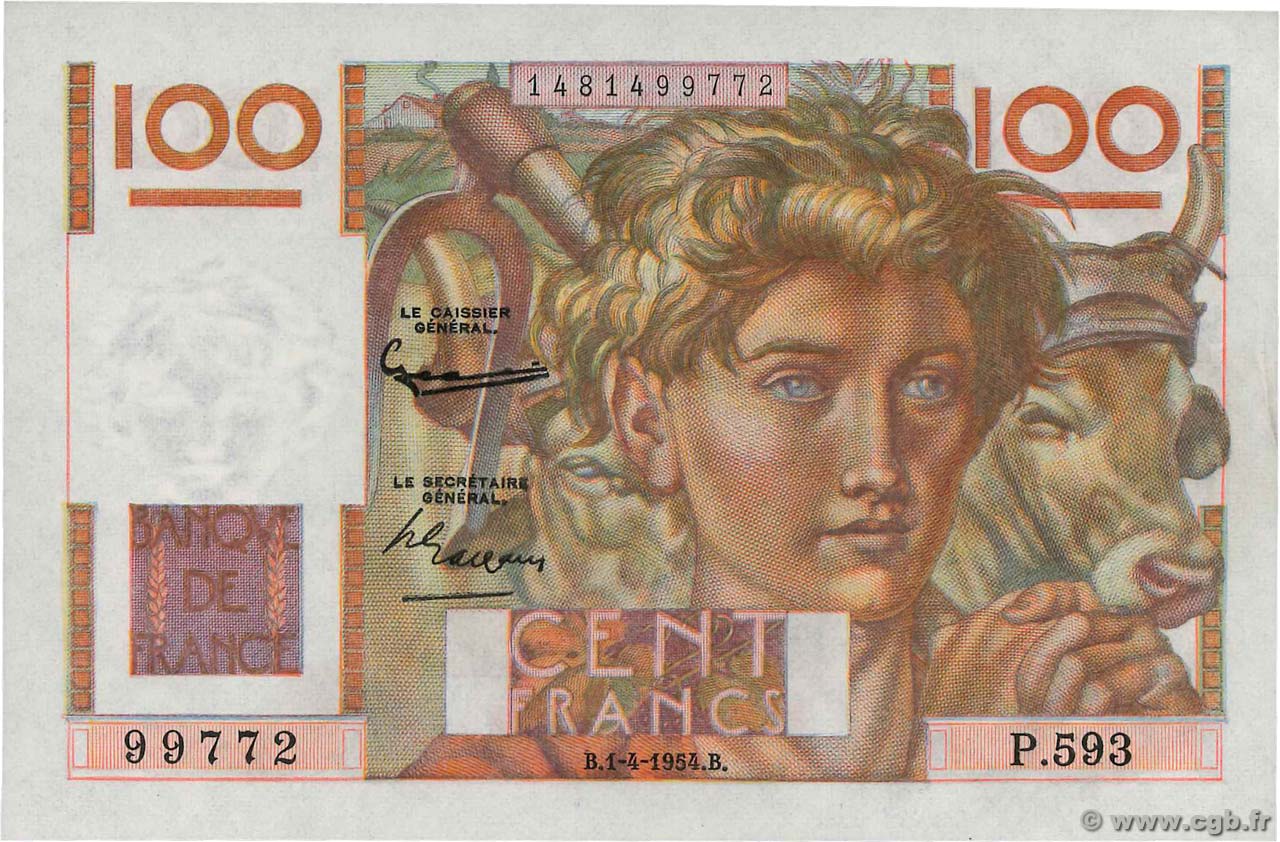 100 Francs JEUNE PAYSAN filigrane inversé FRANCE  1954 F.28bis.06 UNC-