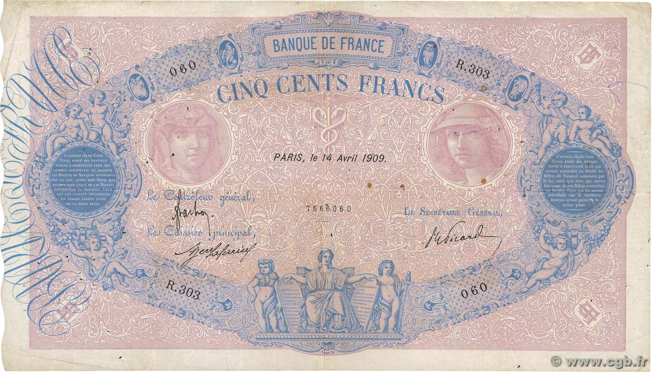 500 Francs BLEU ET ROSE FRANCIA  1909 F.30.17 q.BB