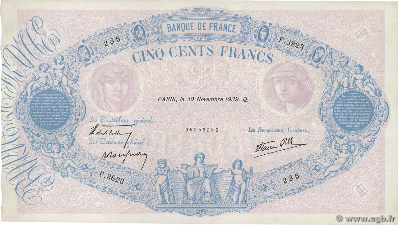 500 Francs BLEU ET ROSE modifié FRANCE  1939 F.31.50 XF+