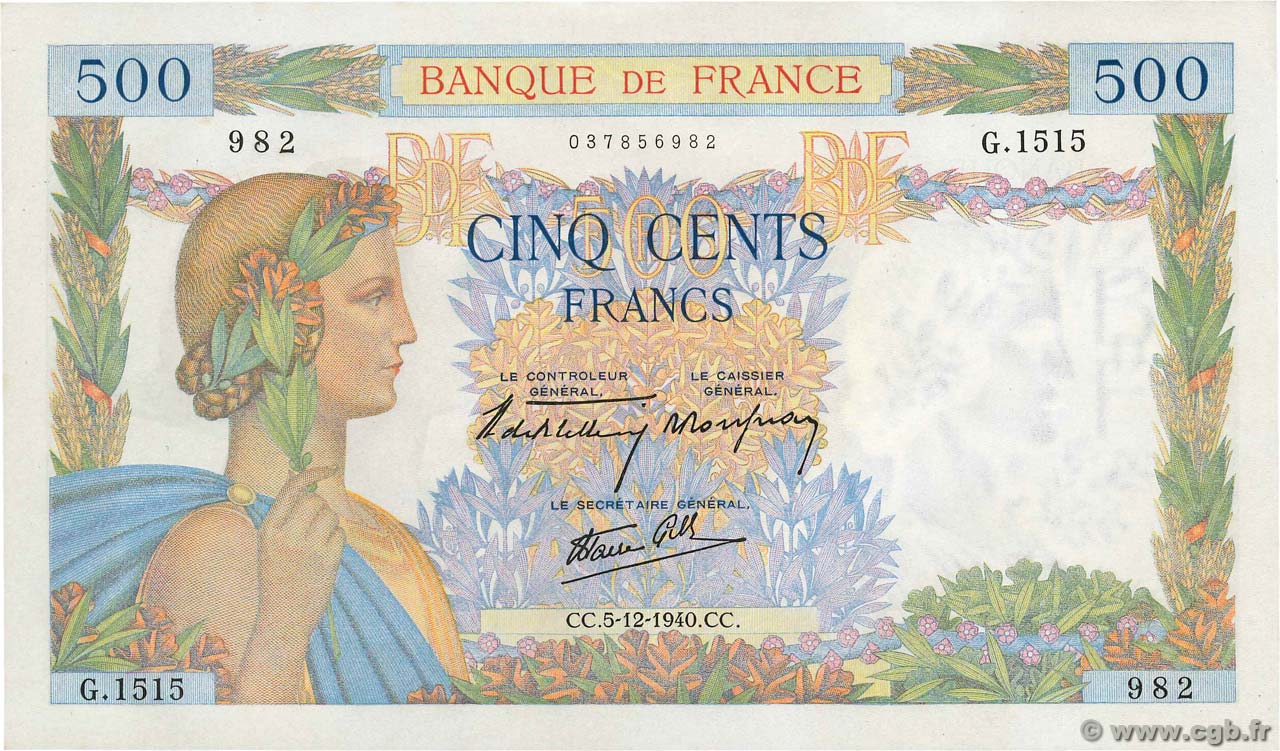 500 Francs LA PAIX FRANCE  1940 F.32.10 UNC-