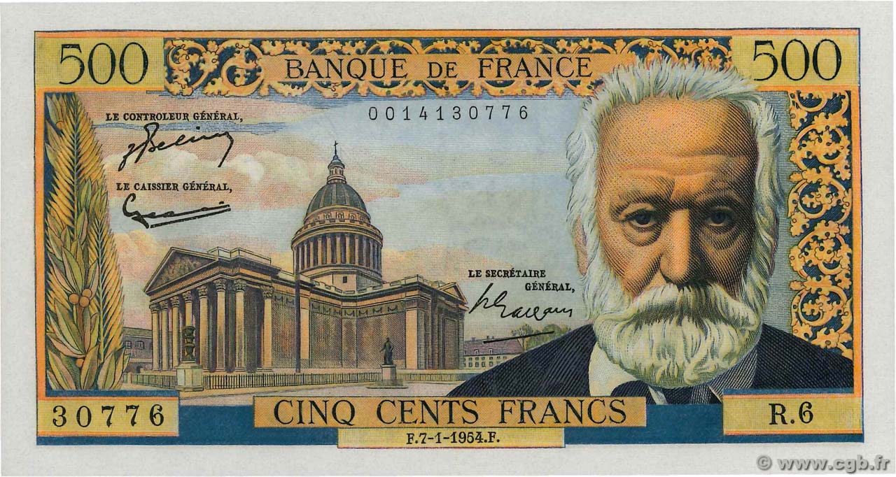 500 Francs VICTOR HUGO FRANCE  1954 F.35.01 UNC