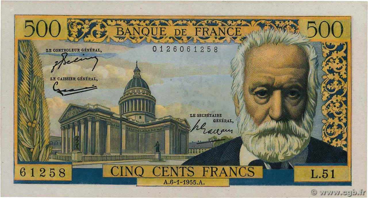 500 Francs VICTOR HUGO FRANCE  1955 F.35.04 AU