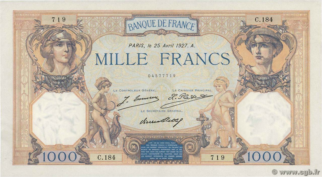 1000 Francs CÉRÈS ET MERCURE FRANCIA  1927 F.37.01 EBC+
