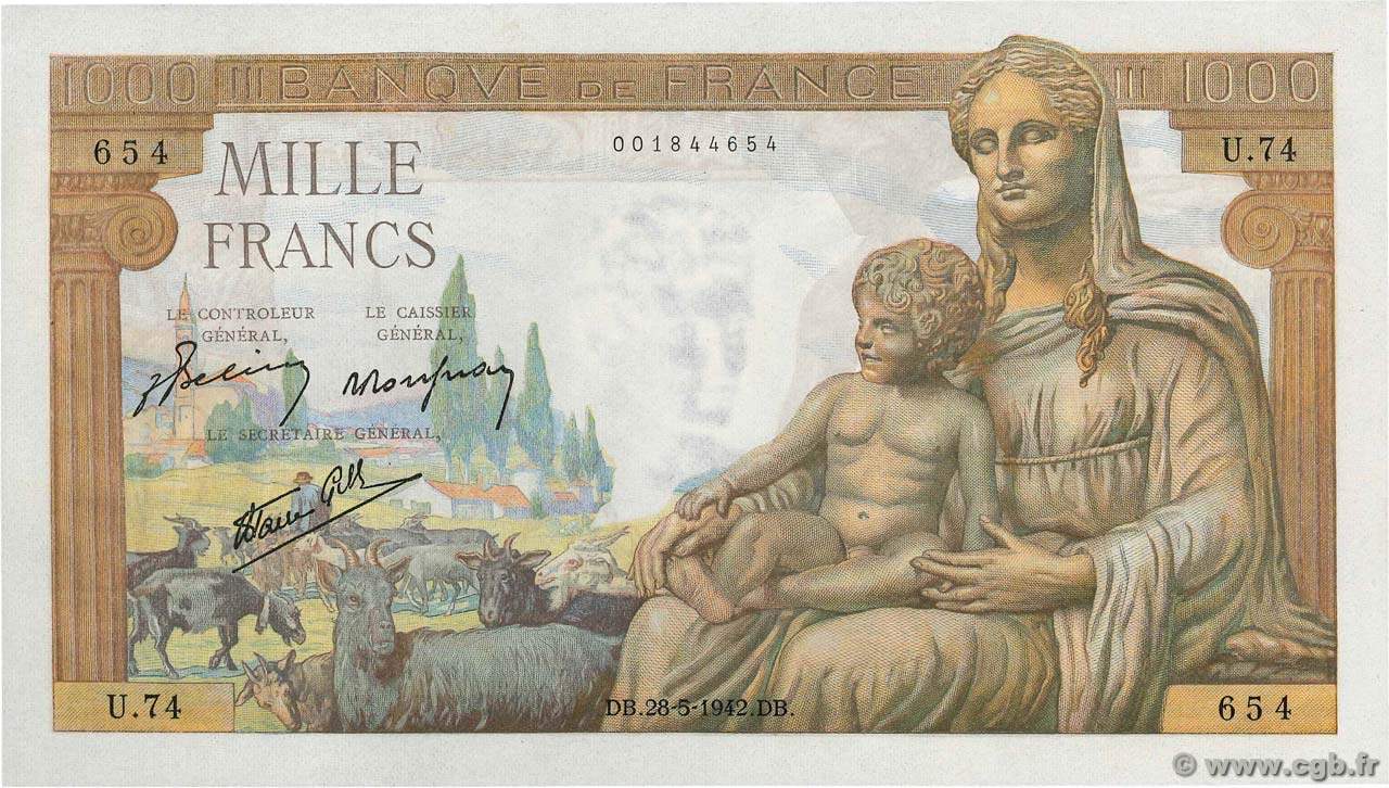 1000 Francs DÉESSE DÉMÉTER FRANCE  1942 F.40.01 NEUF