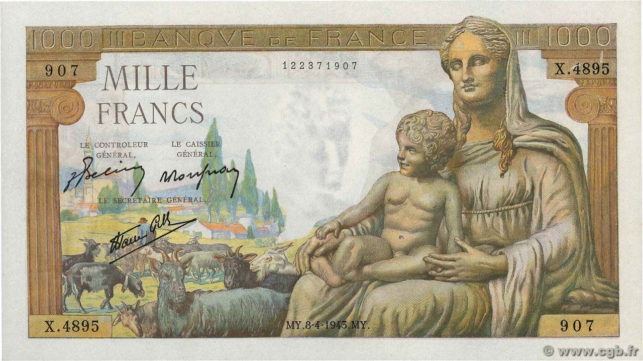 1000 Francs DÉESSE DÉMÉTER FRANCIA  1943 F.40.21 SC+