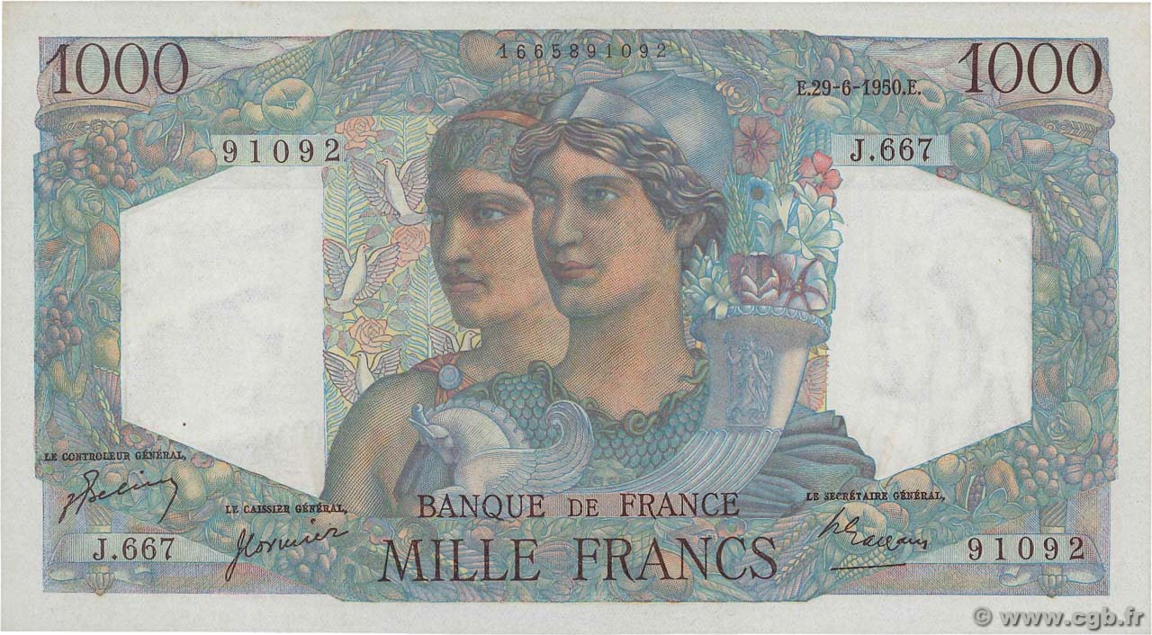 1000 Francs MINERVE ET HERCULE FRANCE  1950 F.41.33 NEUF