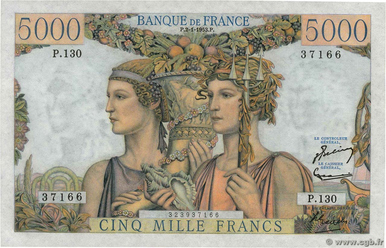 5000 Francs TERRE ET MER FRANCIA  1953 F.48.08 SC+