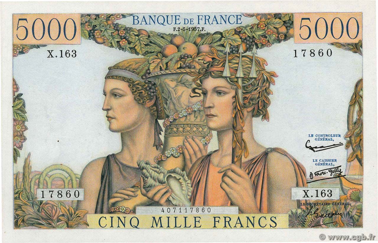 5000 Francs TERRE ET MER FRANCE  1957 F.48.14 SUP+