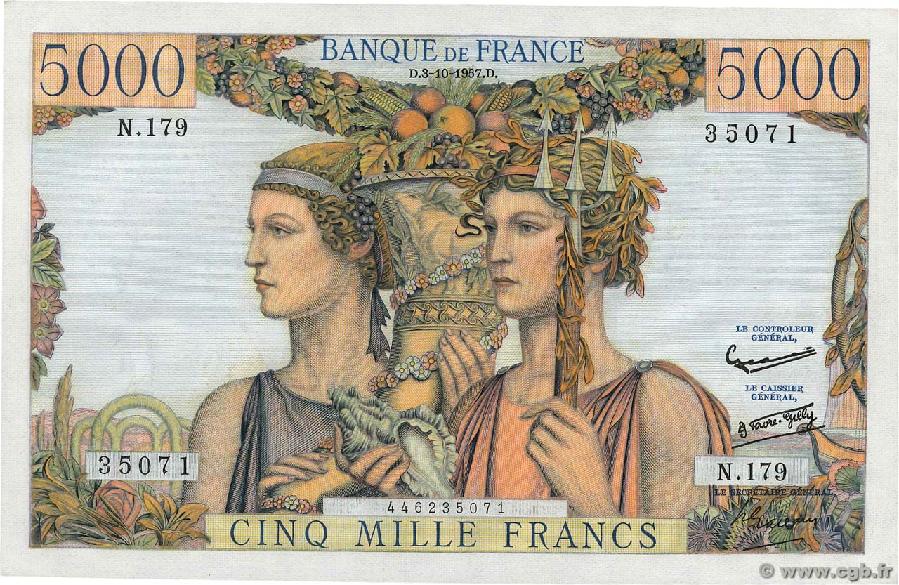 5000 Francs TERRE ET MER FRANKREICH  1957 F.48.17 fST+
