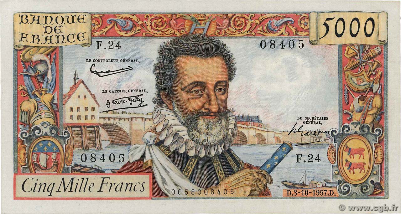 5000 Francs HENRI IV FRANCE  1957 F.49.03 pr.NEUF