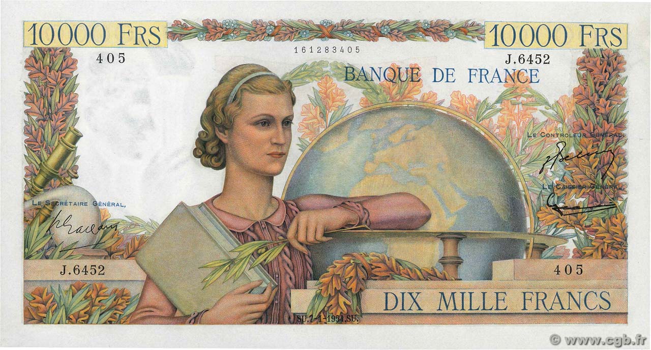 10000 Francs GÉNIE FRANÇAIS FRANCE  1954 F.50.69 AU-