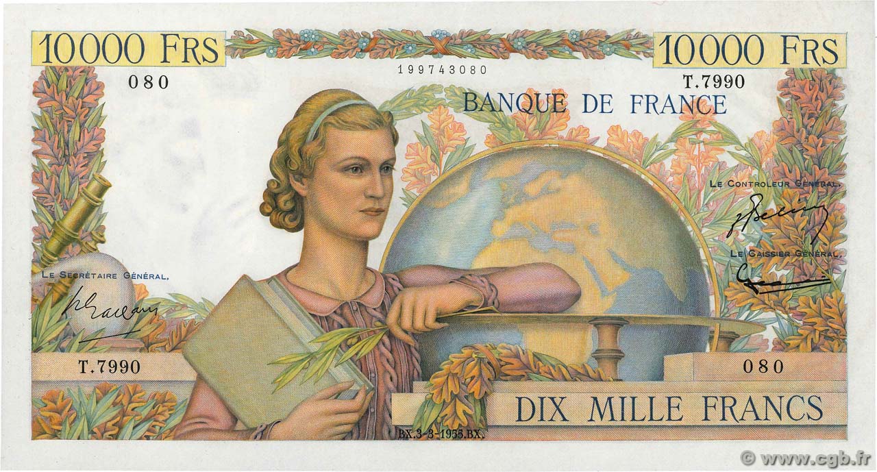 10000 Francs GÉNIE FRANÇAIS FRANCIA  1955 F.50.73 AU
