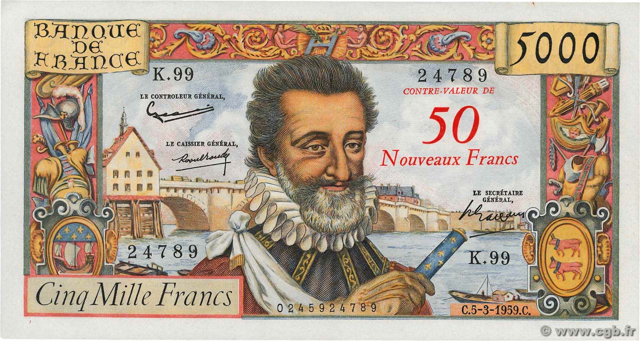 50 NF sur 5000 Francs HENRI IV FRANCE  1959 F.54.02 XF+