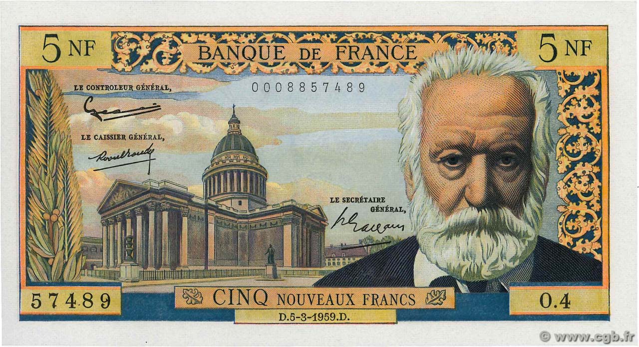 5 Nouveaux Francs VICTOR HUGO FRANCE  1959 F.56.01 UNC-