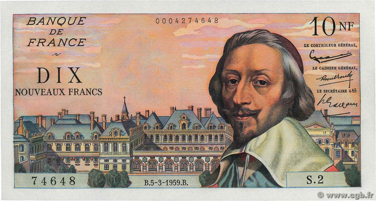 10 Nouveaux Francs RICHELIEU FRANCE  1959 F.57.01 UNC-
