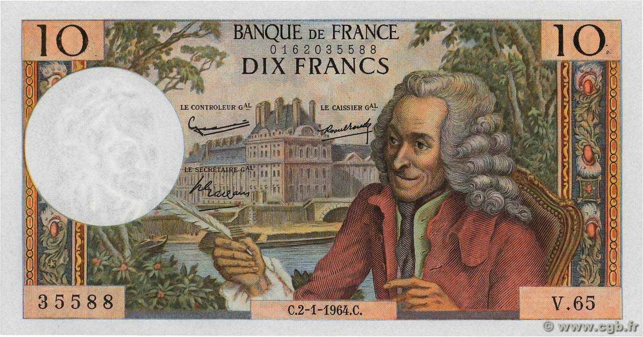 10 Francs VOLTAIRE FRANCIA  1964 F.62.07 FDC
