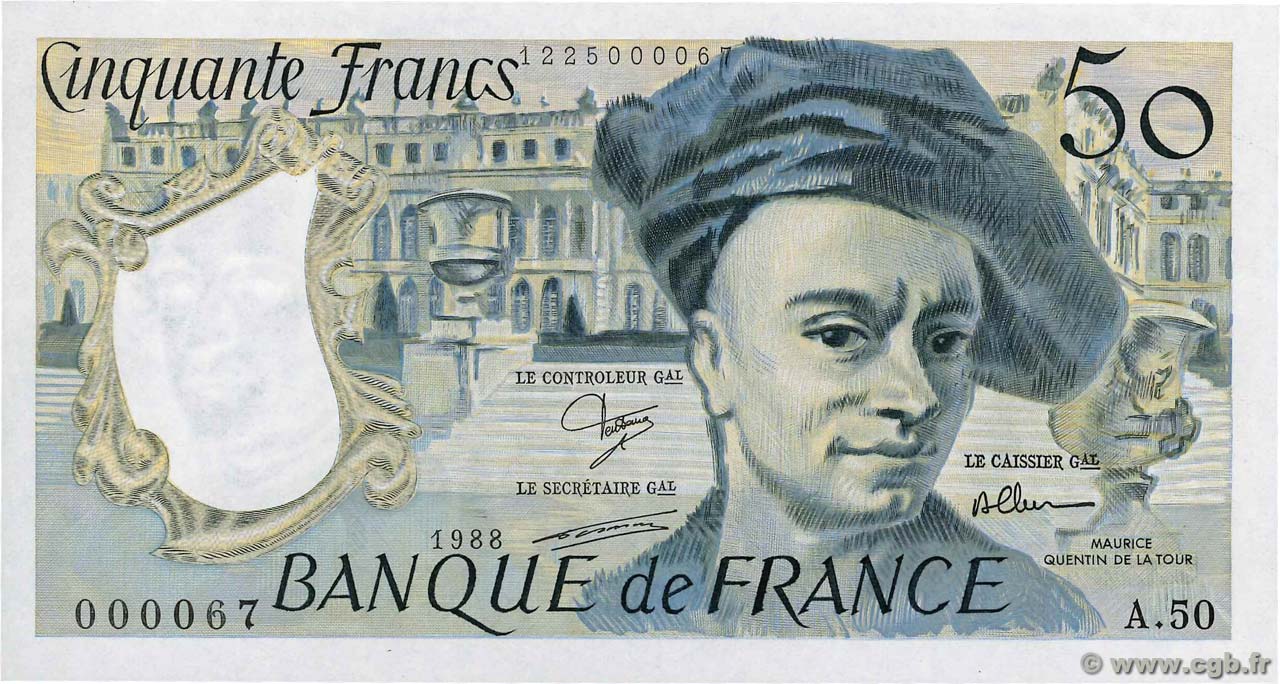 50 Francs QUENTIN DE LA TOUR Petit numéro FRANCIA  1988 F.67.14A50 q.FDC