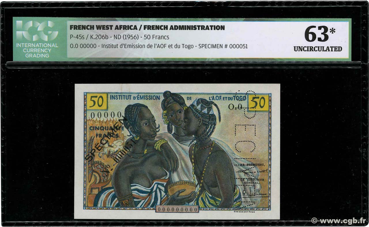 50 Francs Spécimen FRENCH WEST AFRICA  1956 P.45s SC+