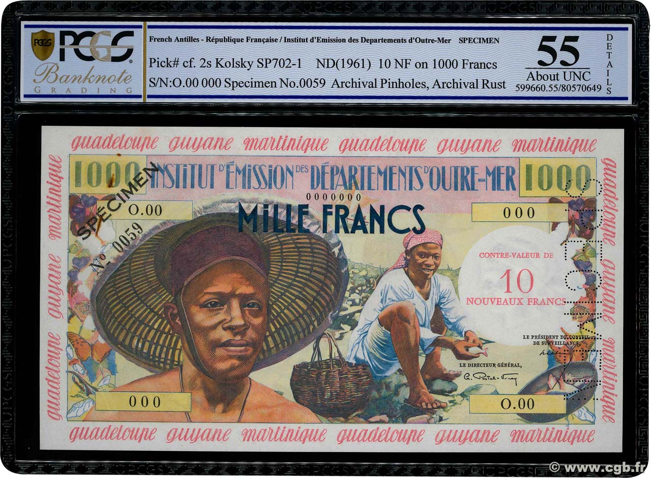 10 Nouveaux Francs sur 1000 Francs Pêcheur Spécimen FRENCH ANTILLES  1960 P.02s EBC+