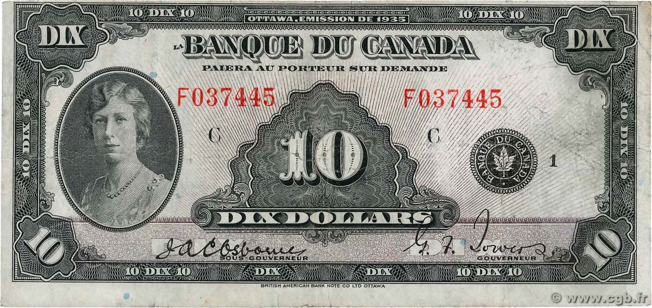 10 Dollars CANADá
  1935 P.045 BC