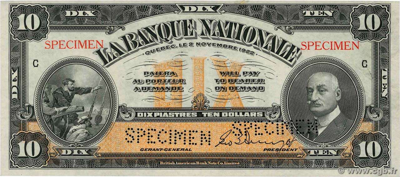 10 Dollars - 10 Piastres Spécimen KANADA  1922 PS.0872s fST+