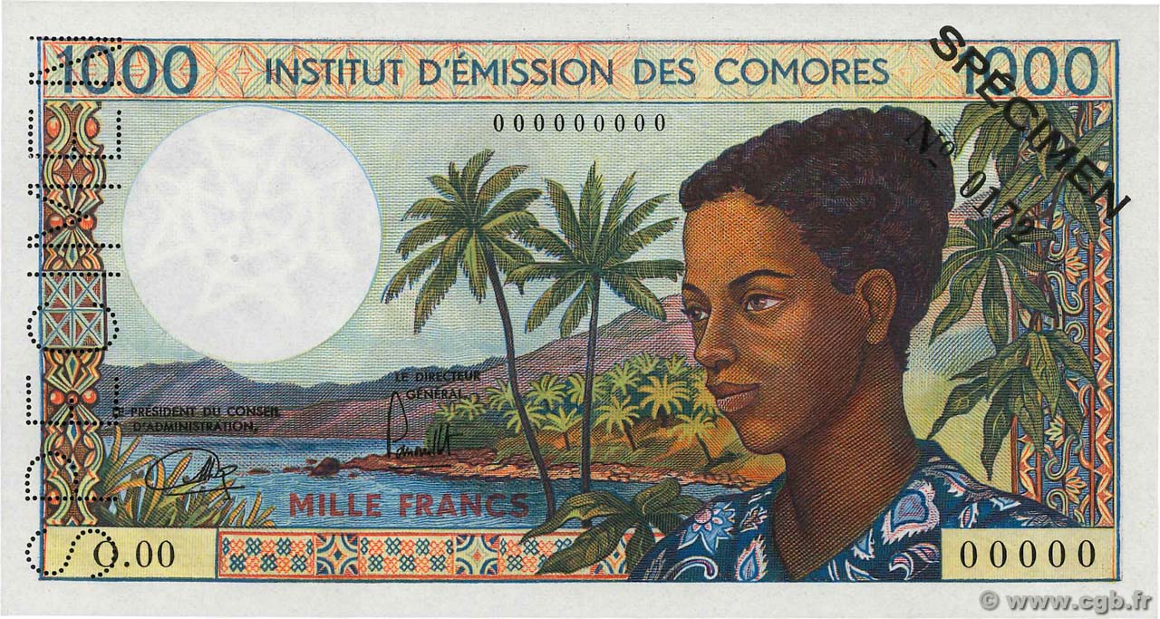 1000 Francs Spécimen KOMOREN  1975 P.08s ST