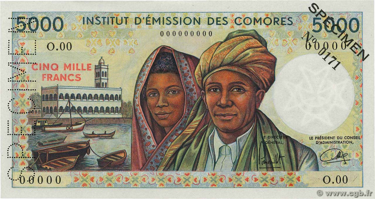 5000 Francs Spécimen COMORAS  1976 P.09s FDC
