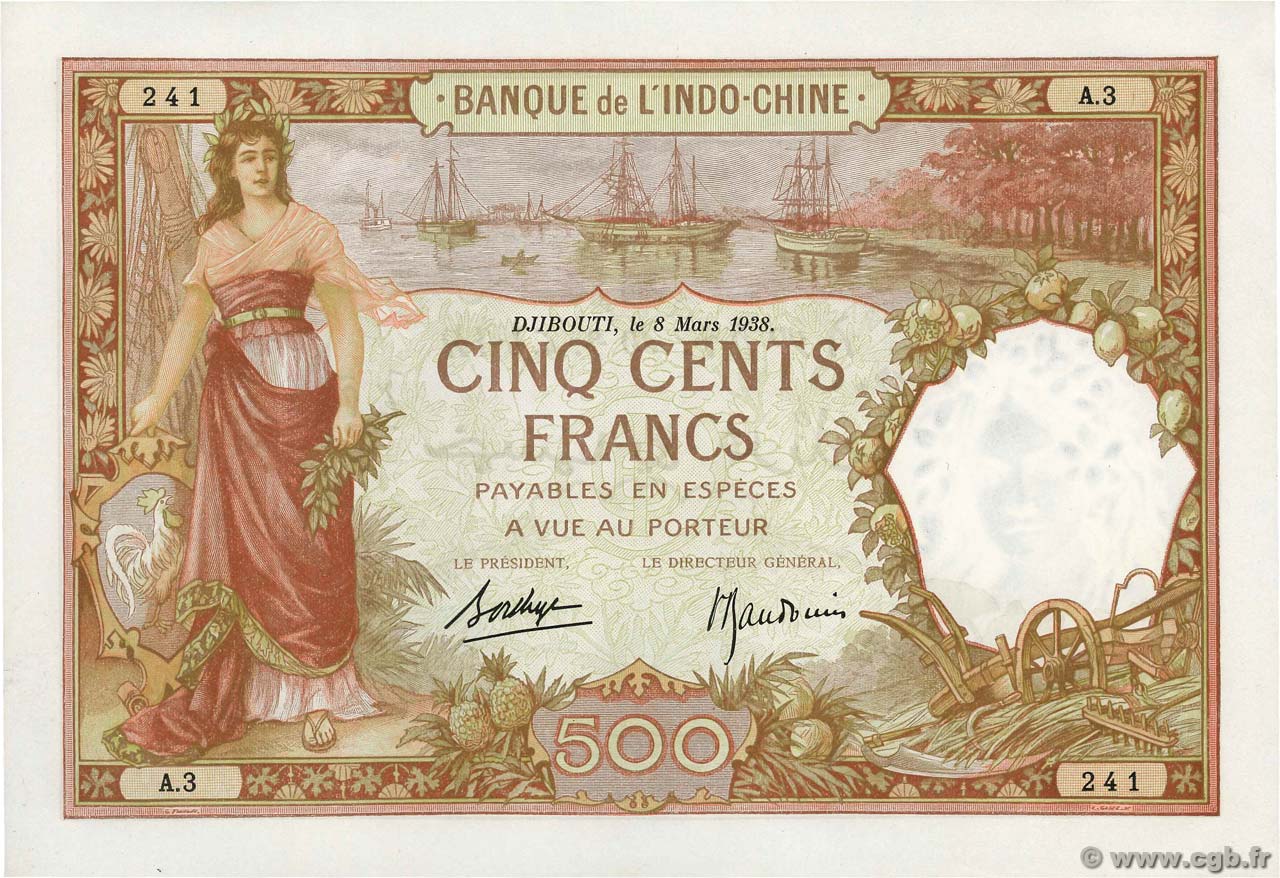 500 Francs DJIBOUTI  1938 P.09b UNC-