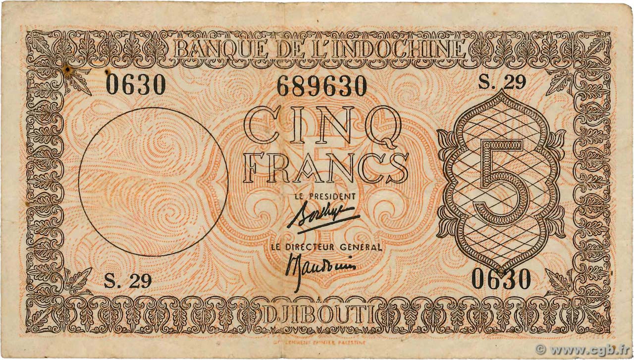 5 Francs Palestine DSCHIBUTI   1945 P.14 SS